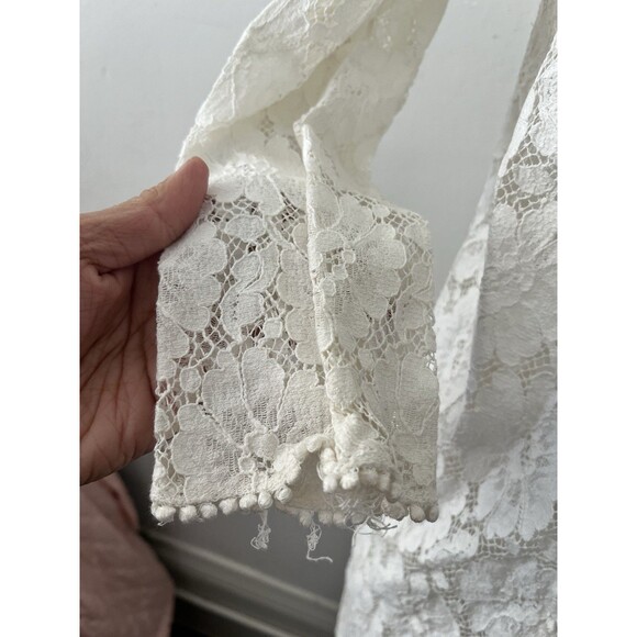 Vintage Crochet Boho Lace Duster Cardigan Size S Open Front Sheer Pom Pom Trim - Picture 4 of 8